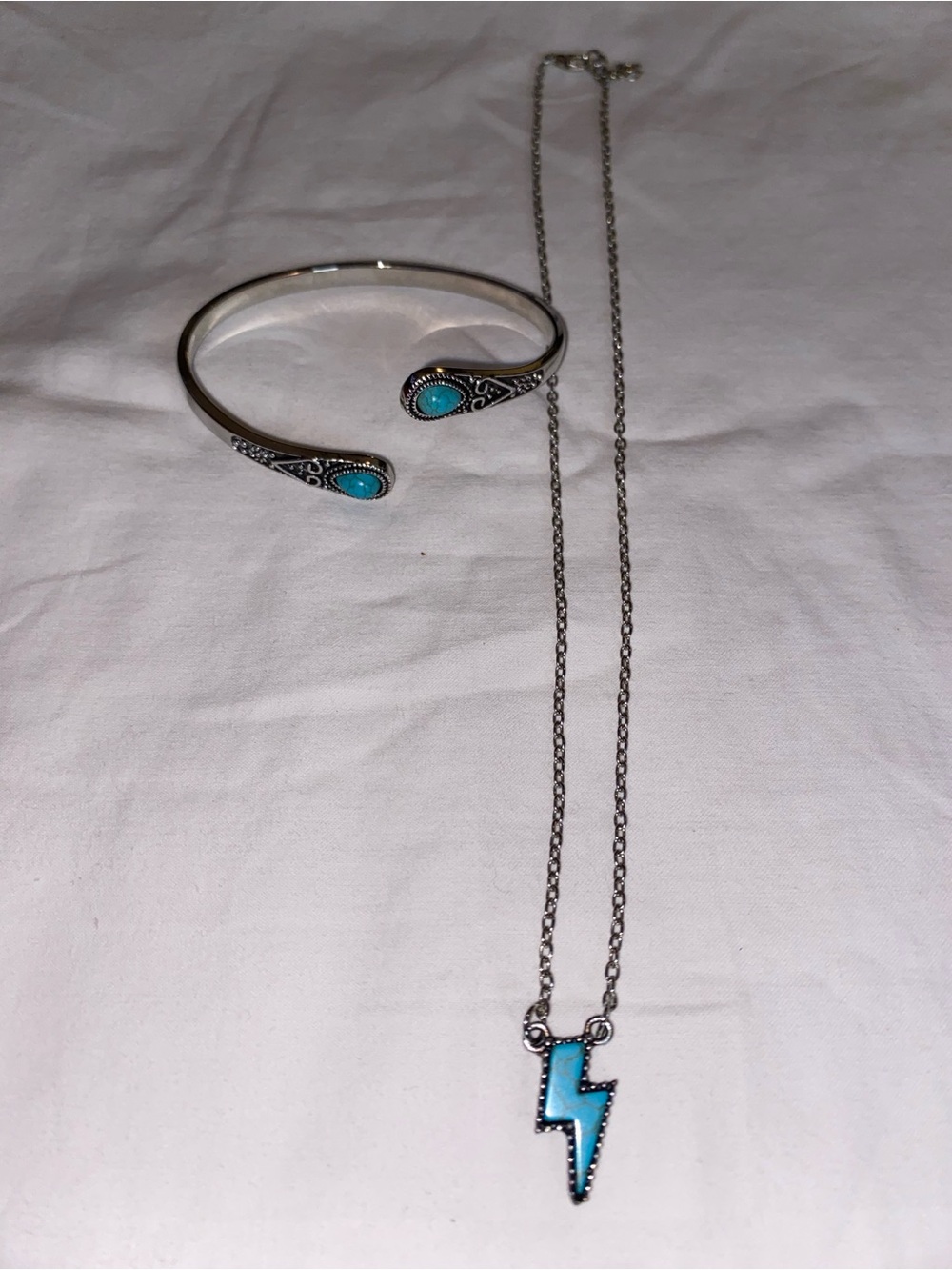 Turquoise-Accent Silver-Tone Cuff Bracelet and Lightning Pendant Necklace